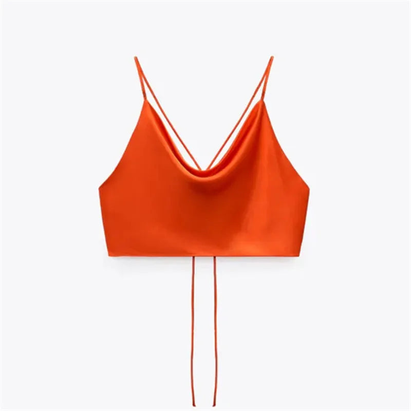 MUJER Satin Crop top Women Summer White Pink Red Cami Top Woman 2025 Sexy Backless Halter Tops for Women Camisole Strap Tank Top