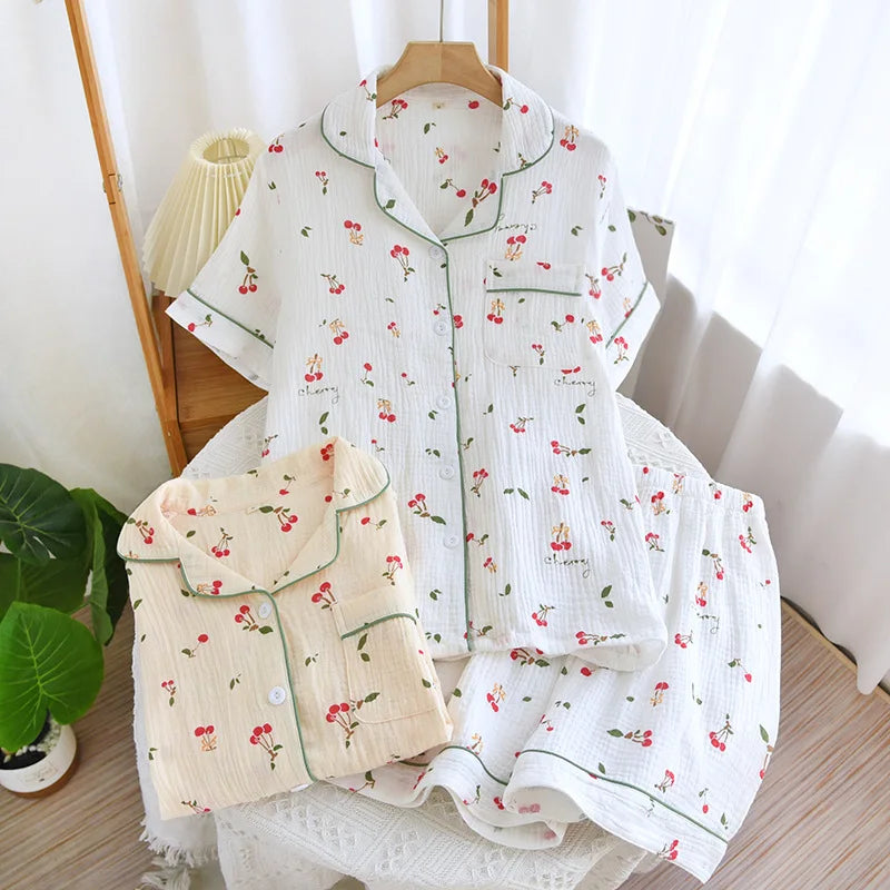 2024 New Summer Autumn Women Pajamas 100% Cotton Gauze Cherry Print Sleepwear Female 2 Piece Set Nightwear Pyjamas Loungewear