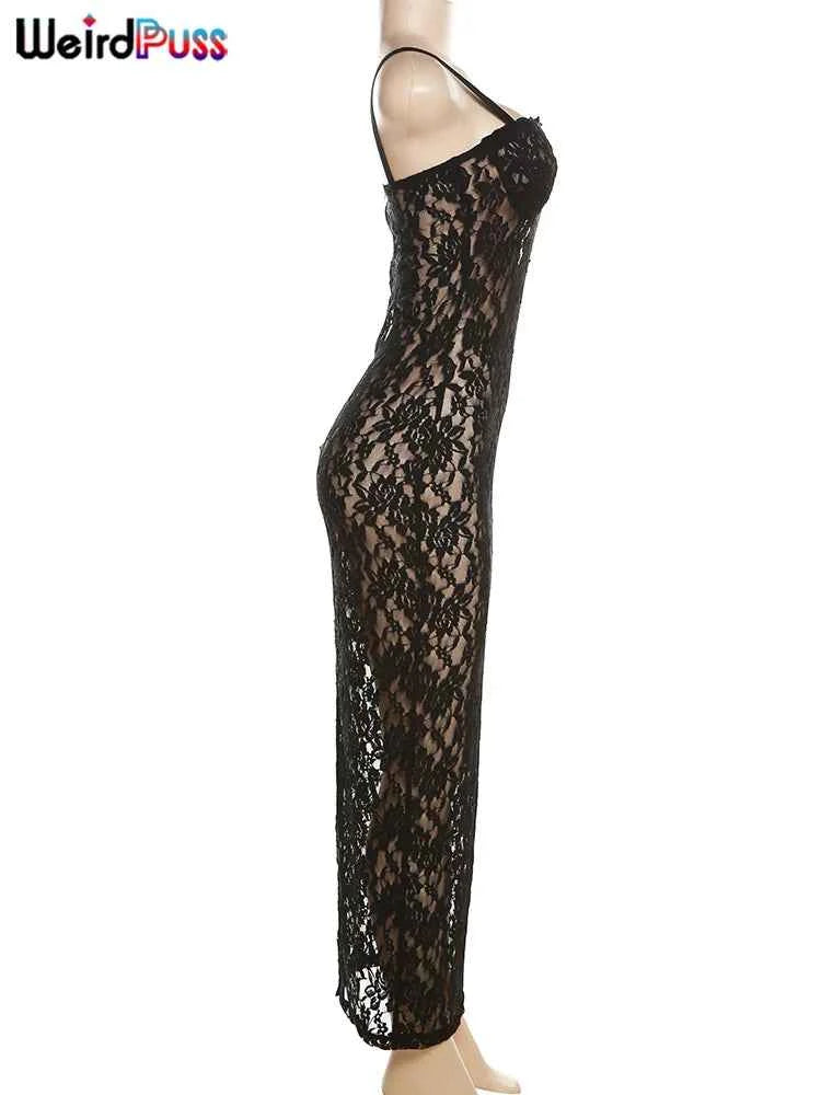Weird Puss Lace Black Women Maxi Dress See Through Sleeveless Ladies Sexy Coquette Nightclub Party Bodycon Slim Fit Vestidos