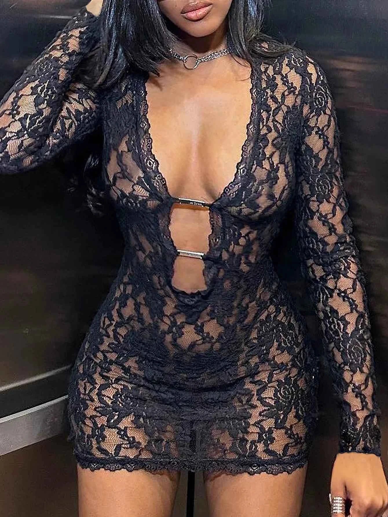Women's solid color lace sexy low neck hollow out long sleeved dress with hip wrap, women's slim fit dress
