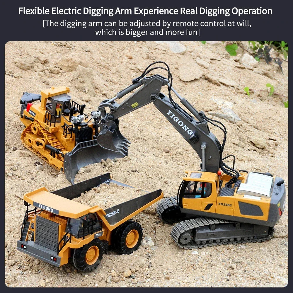 2.4G 11 Channels RC Excavator Dump Bulldozer Cart Trucks Bulldozer Alloy Vehicle  Remote Control Excavator Gift Toys for Boy