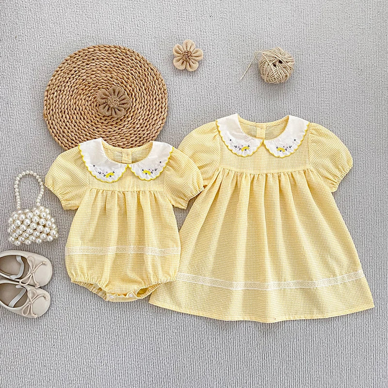 2026 Summer Baby Girl Embroidered Collar Bodysuits 0-24M Baby Girl Romper Newborn Short Sleeved Baby Girl Yellow Jumpsuit
