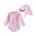MISOWMNJOY Plaid Print New Girls Swimwear Summer Kids Swimsuit with Hat Zip Up Long Sleeve Crew Neck Baby Girls Swimming Suit