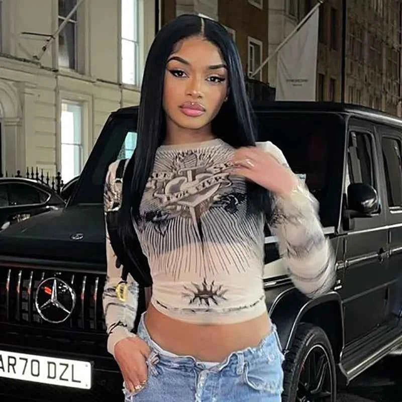 Y2k Aesthetic Punk Clothes Graphic Tees Women Gothic Fashion Full Sleeve Woman Tshirts See Through Streetwear Egirl Tops T Shirt