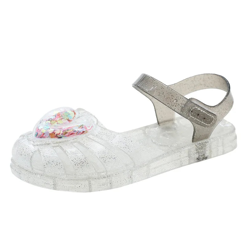 2026Kids' Sandals Ourdoor Crystal Jelly Shoes PVC Love Baby Fashion Flat For Girls Breathable Anti-slip Purple Sliver Size 24-35