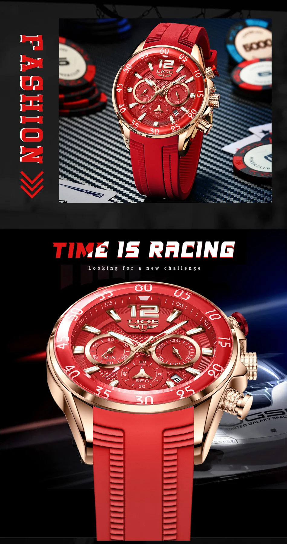 LIGE New Fashion Mens Watches Top Brand Luxury Quartz Wrist Watch Man Sport Red Silicone Watch for Men Reloj Hombre Chronograph