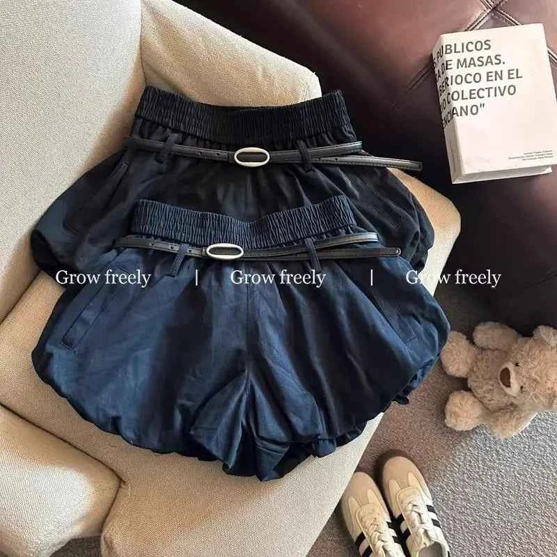 Women High Waist Casual Summer 2025 Elastic Waist Shorts Korean Style Blooming Skirt Pants with Belt