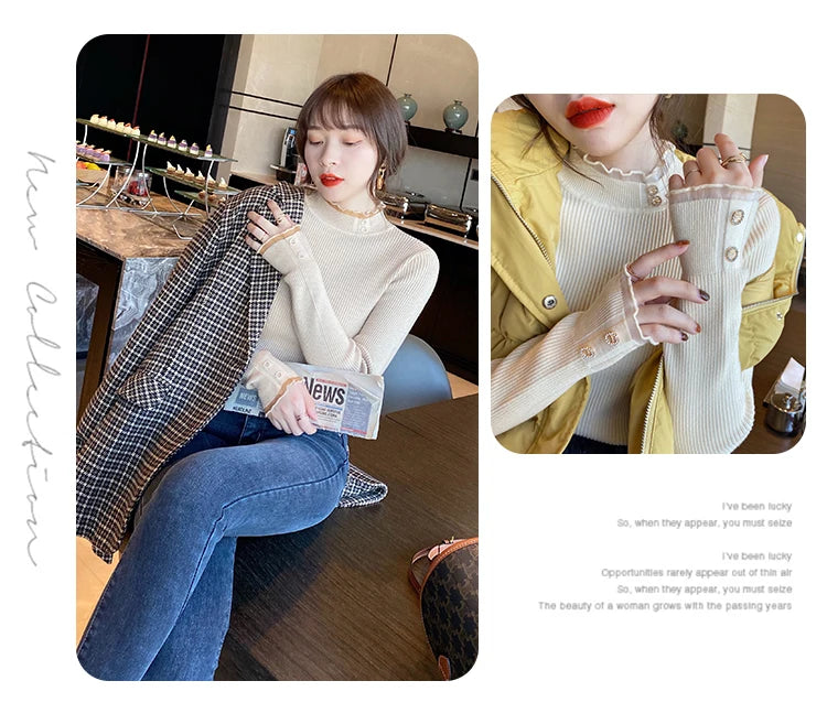 2026 Knitted Women Sweater O-neck Button Pullovers Autumn Winter Basic Sweaters for Female Pullover Slim Solid Bold Lace Tops