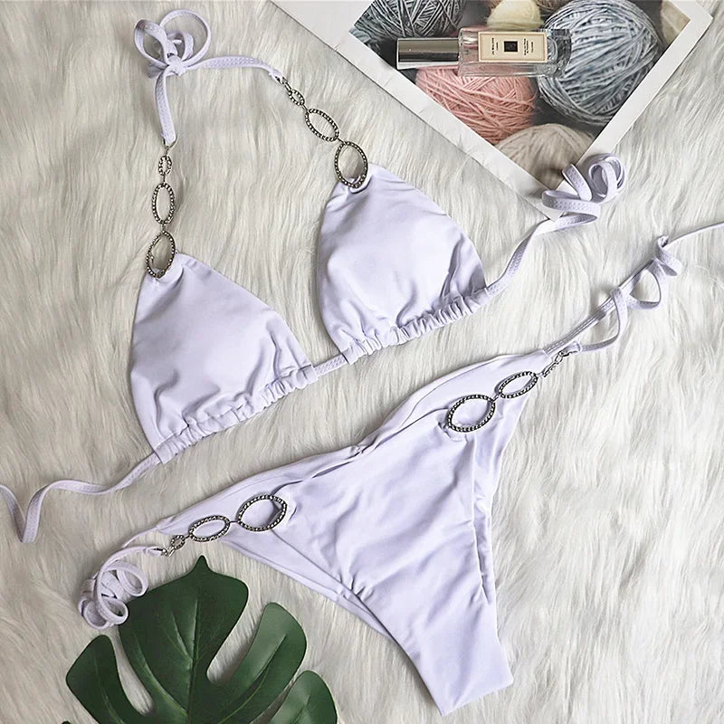 Metal Chains Rhinestones Diamond Bikini Women Swimsuit Female Swimwear Two Pieces Bikini Set Brazilian Bather Bathing Suit Swim