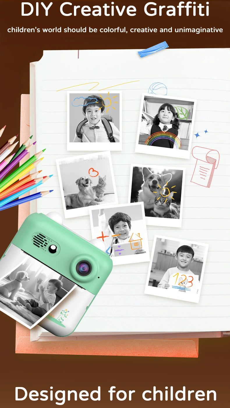 Kids Photo Camera Printer with Game Cute Bunny Mini Digital Video Child Instant Print Camera 4-12 Years Kids Girls Boyes Gifts