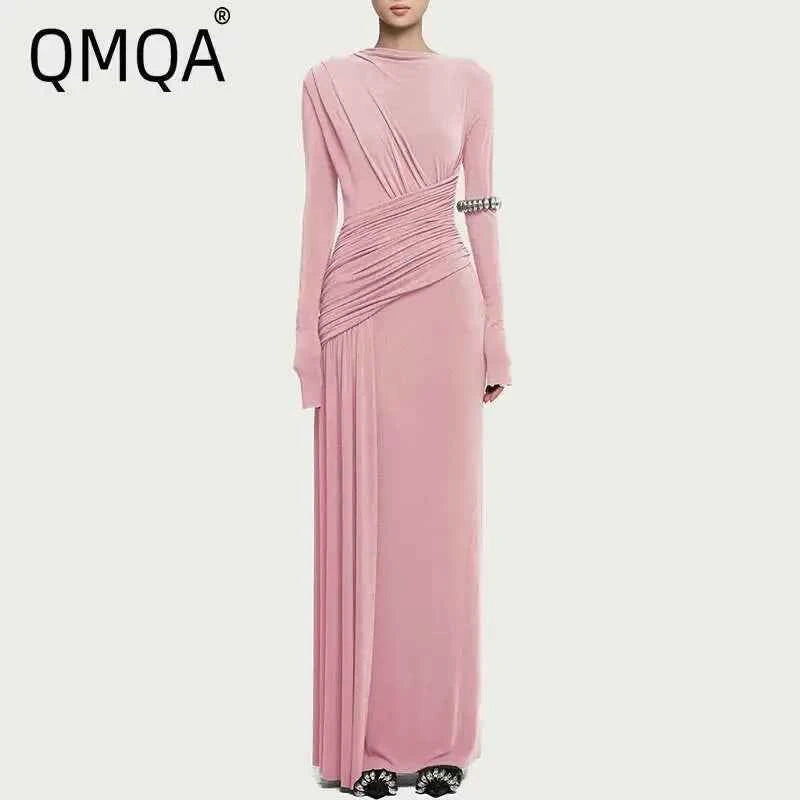QMQA Fashion Women's Asymmetric Pleated Elegant Dress Solid Color Long Sleeve High Waist Slimming Party Dresses 2025 New QM519