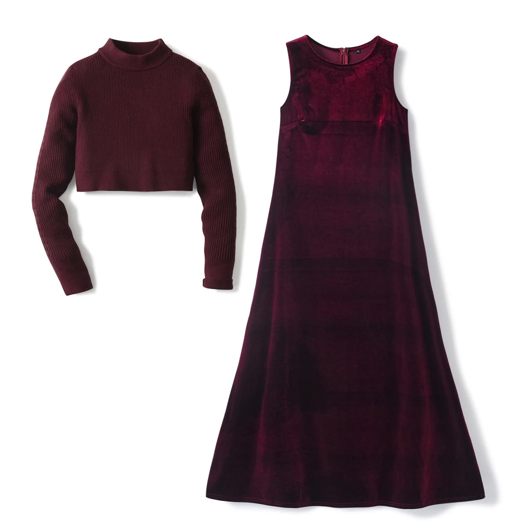 2024 AW Mail's Sister Matching Clothing Women Sleeveless Long Velvet Dress Ladys Knitted Pullover Female Top