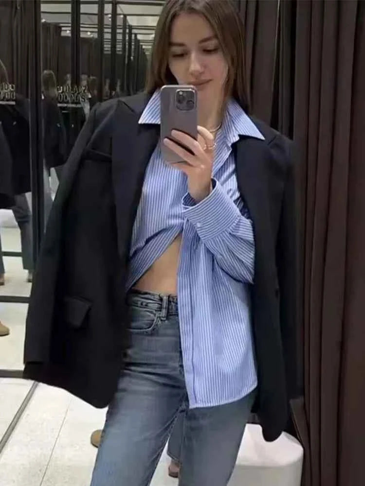 Women 2025 Pocket Stripe Printed Shirt Fashion Single Breasted Vintage Long Sleeve Spring Autumn Causal Elegant Loose Tops