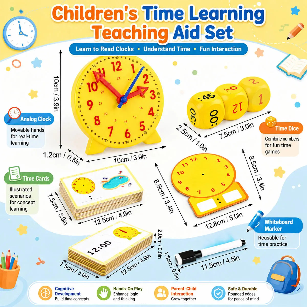 Kids Learning Clock Time Activity Set Teaching Clock for Students Classroom Telling Time Practice Toy Kids Educational Supplies