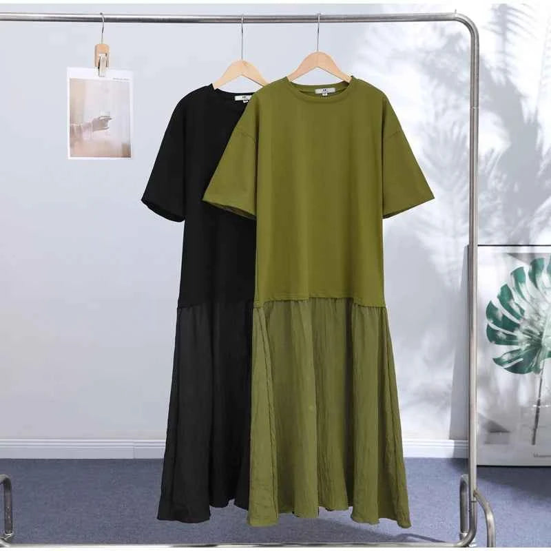 Elegant Women Patchwork Long Dress Short Sleeve O Neck Button A-Line Dresses Spring Summer Vintage Beach Vacation Casual Robes
