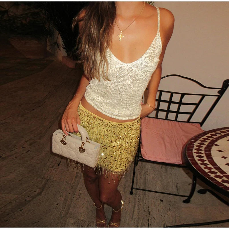 Sexy Tassel Chains Women's Set Elegant Solid Sequins Hip Package Female Party Mini Skirts Summer Holiday Lady Outfit Beachwear