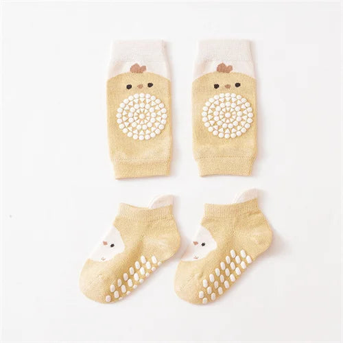Kids Baby Anti-slip Cartoon Knee Pads Socks Sets Thin Cotton Mesh Crawling Knit Knee Pads Infant Toddler Floor Socks For 0-3 Yrs