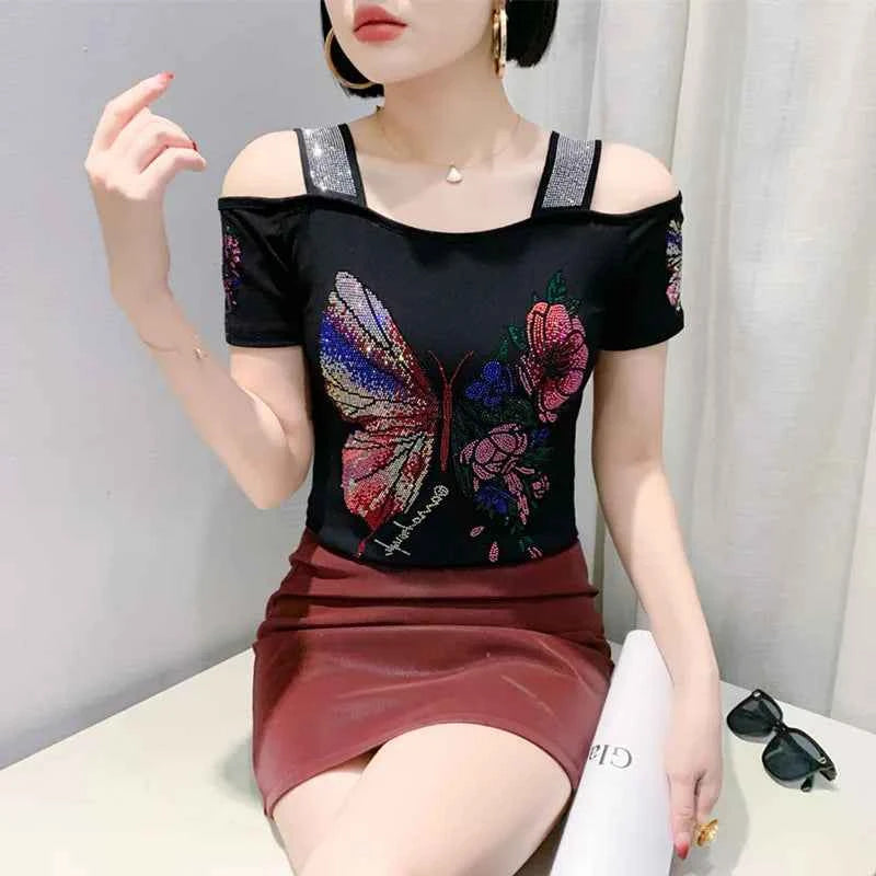 New Arrival Summer European Clothes Women's T-Shirts Chic Luxury Butterfly Hot Diamonds Tees Sexy Girl Slim Streetwear Tops