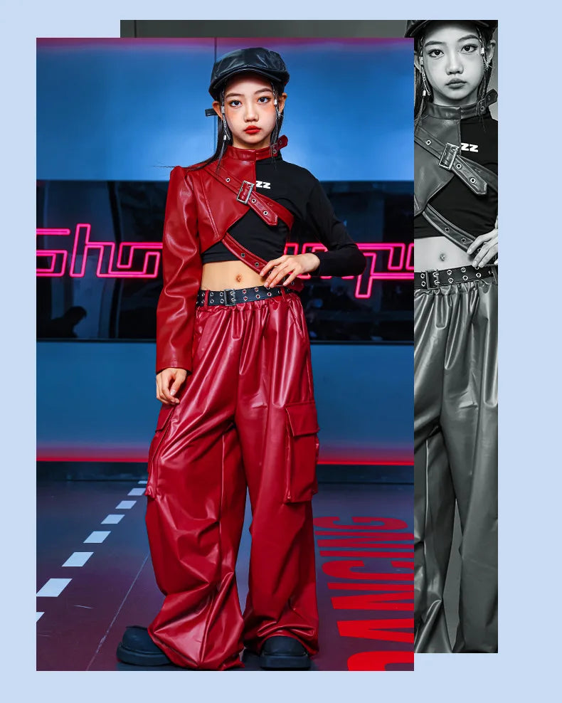 Kid Hip Hop Clothing T Shirt Crop Top Wine Red Arm Sleeve Faux Leather Casual Cargo Pants for Girl Jazz Dance Costumes Clothes