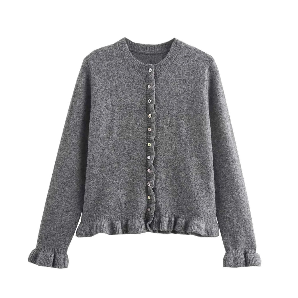 HXAO Sweater Cardigans Ruffle Long Sleeve Knitted Cardigan For Women Autumn Bolero Knitwears Button-Down Bluey Gray Cardigan