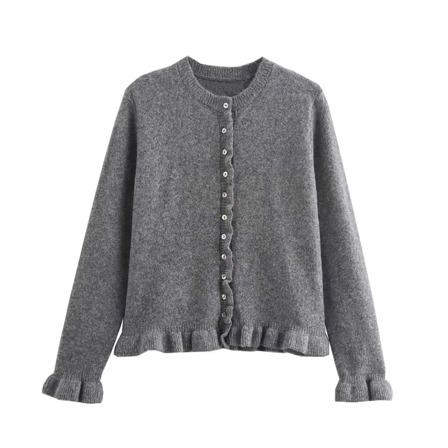 HXAO Sweater Cardigans Ruffle Long Sleeve Knitted Cardigan For Women Autumn Bolero Knitwears Button-Down Bluey Gray Cardigan