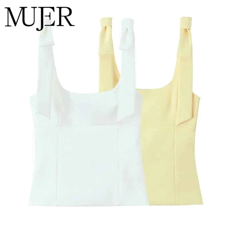 MUJER 2025 Bow Crop Top Woman Yellow Sexy Backless Top Women White Sleeveless Tops for Women Summer Camisole Bustier Top Female