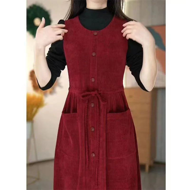 2024 Winter Fake Two piece Corduroy Dress Stylish Women's Dress Draw pleats Slim Waist Dress Women's Retro Knee Over Middle Long