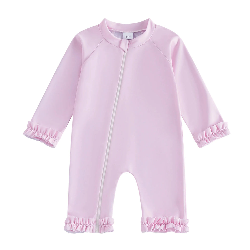 Toddler Baby Girl Summer Rash Guard Swimsuit Solid Color Print Long Sleeve Round Neck Romper Swimwear for Pool Beach