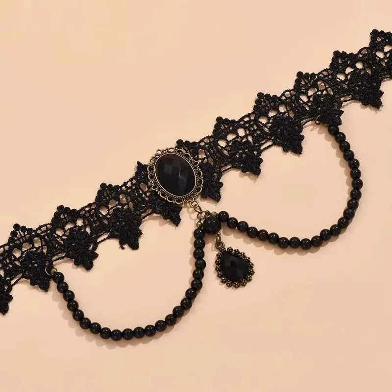Vintage Black Lace Flower Choker Necklace for Women Fashion Classic Crystal Tassel Beaded Chain Necklace Jewelry Gifts