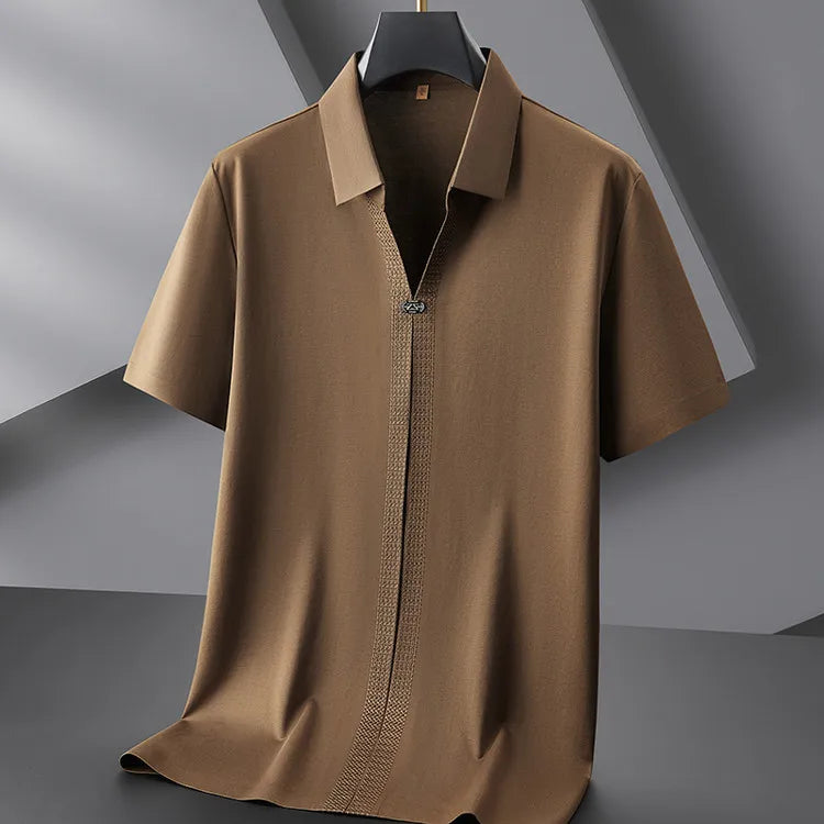 Men's 62% Cotton Polo Shirt | Breathable V-Neck with Rhinestone Accents | Moisture-Wicking Black/Brown Casual Tops XL-7XL