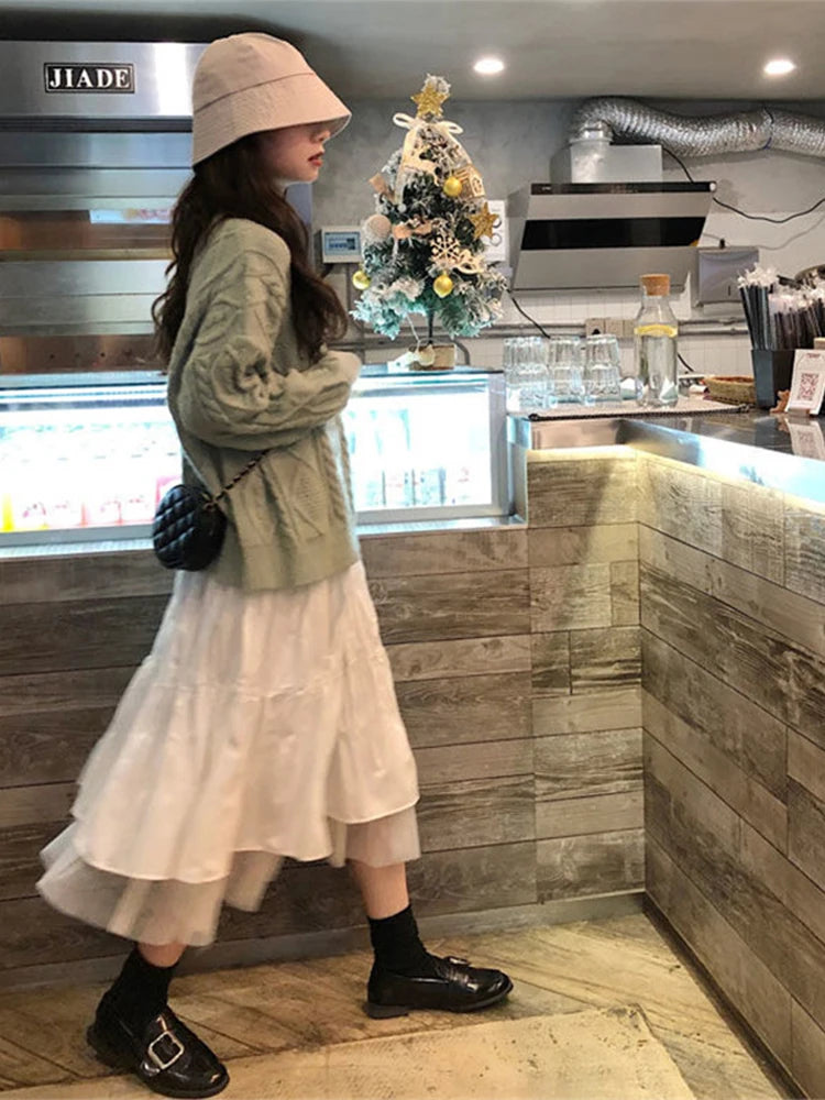 Long Tulle Midi Skirts Womens  Autumn Elastic High Waist Mesh Tutu Pleated Skirts Female Black White Long Skirt Streetwear