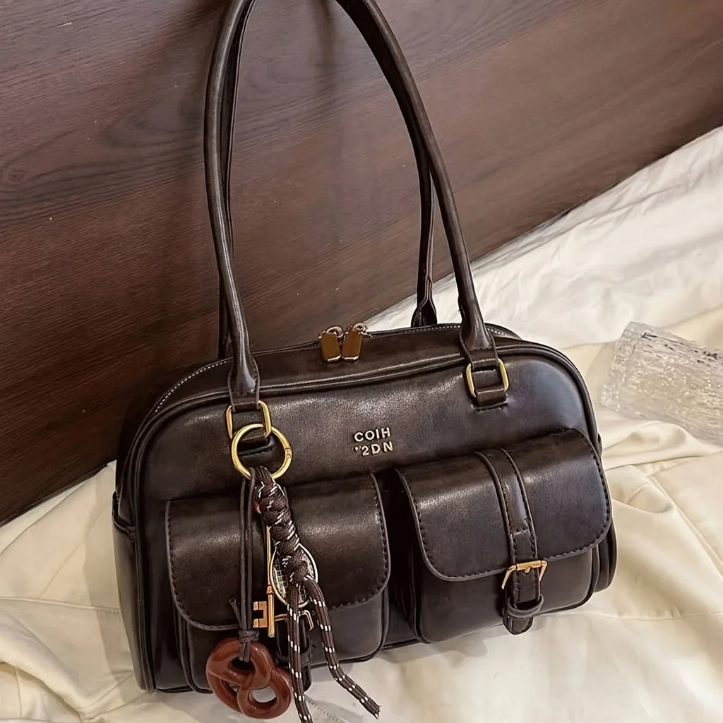Women Multi Pocket Shoulder Tote Bag with Golden-Tone Hardware & Letter, Stylish Handbag Purse for Travel, Work, Shopping, Dates