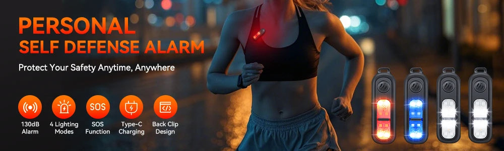 Extractme Personal LED Emergency Night Light Type-C Charging 130dB Safety Self Defense Alarm with Key Chain for Night Running