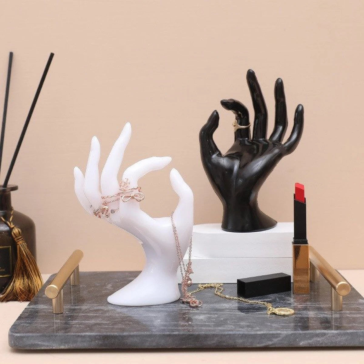 Artistic Hand-Shaped Ring Display Stand - Multi-Functional Plastic Jewelry Organizer for Rings, Bracelets & Necklaces