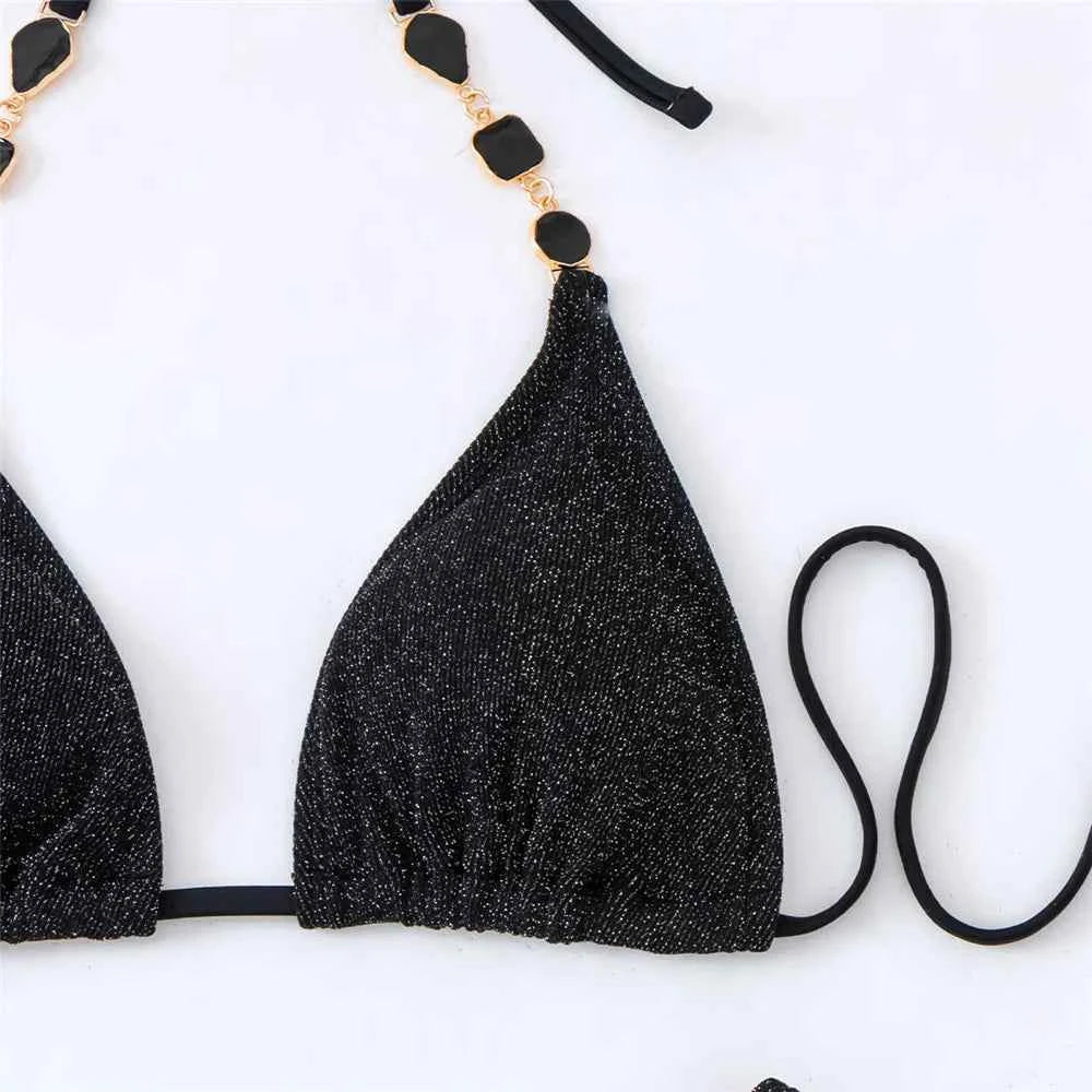 Sexy Black Shiny Swimwear Sarong String Halter Triangle Bikinis Sets 3 Pieces Rhinestone Swimsuit Women 2026 Bather Beachwear