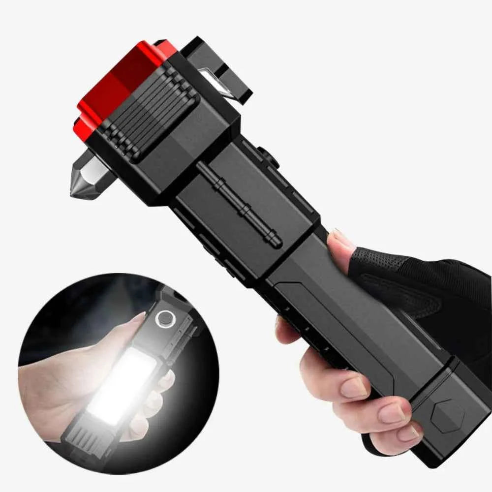 Multi-Functional Outdoor Flashlight-Pathfinding&Work Light Emergency Self-Rescue Safety Hammer with Window Breaker