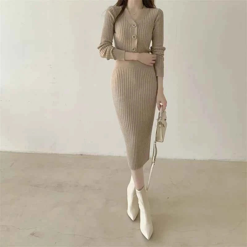 Autumn Winter Sweater Dress For Women 2024 New Arrivals Buttons Up V Neck High Waist Long Knitted Dress Korean Maxi Dresses