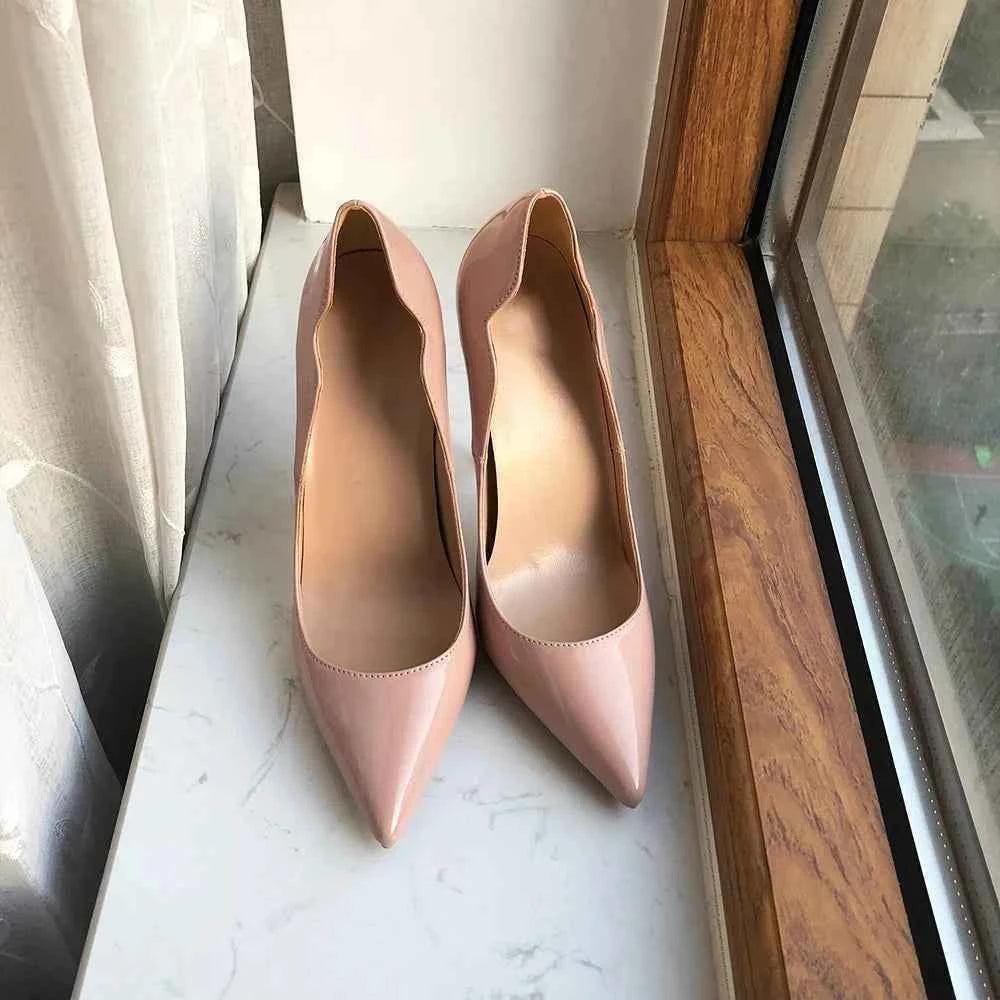 Tikicup Solid Nude Patent Women Pointy Toe Stiletto High Heels Slip On OL Wedding Party Dress Shoes Elegant Ladies Formal Pumps