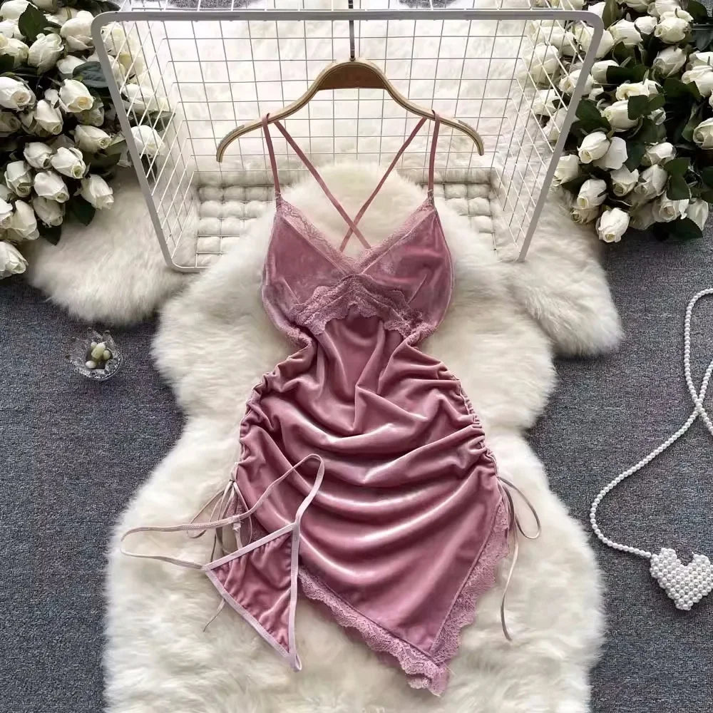 Summer Girls Sexy Hot Sweet Transparent Suspender Mini Dress Women Elastic Waist And Backless Strap Lolita Pajamas Bubble Skirt