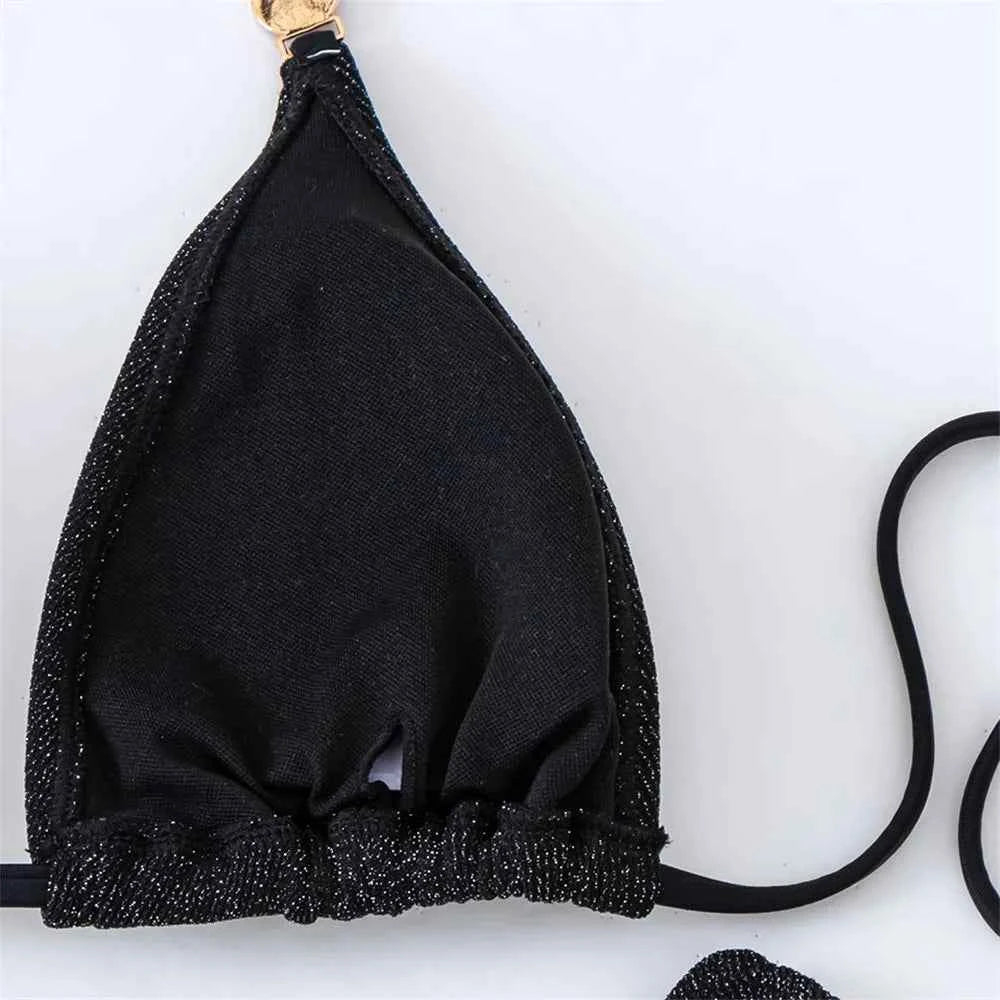 Sexy Black Shiny Swimwear Sarong String Halter Triangle Bikinis Sets 3 Pieces Rhinestone Swimsuit Women 2026 Bather Beachwear