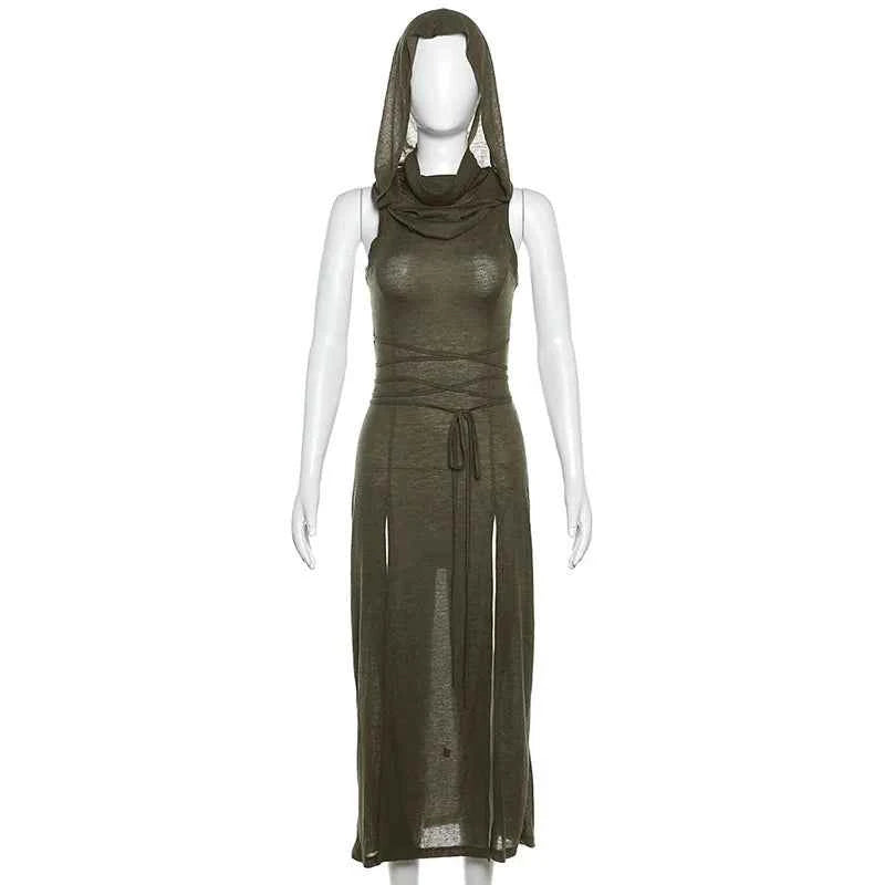 Summer 2023 Sexy European And American Style Sleeveless Hooded Dress Long Split Hollow out Pure Color Women's Gown