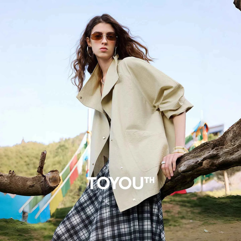 TOYOUTH Women's 2026 Spring New Loose Stand-Collar Utility-Style Lightweight Jacket Coat with Slub Wrinkle Texture
