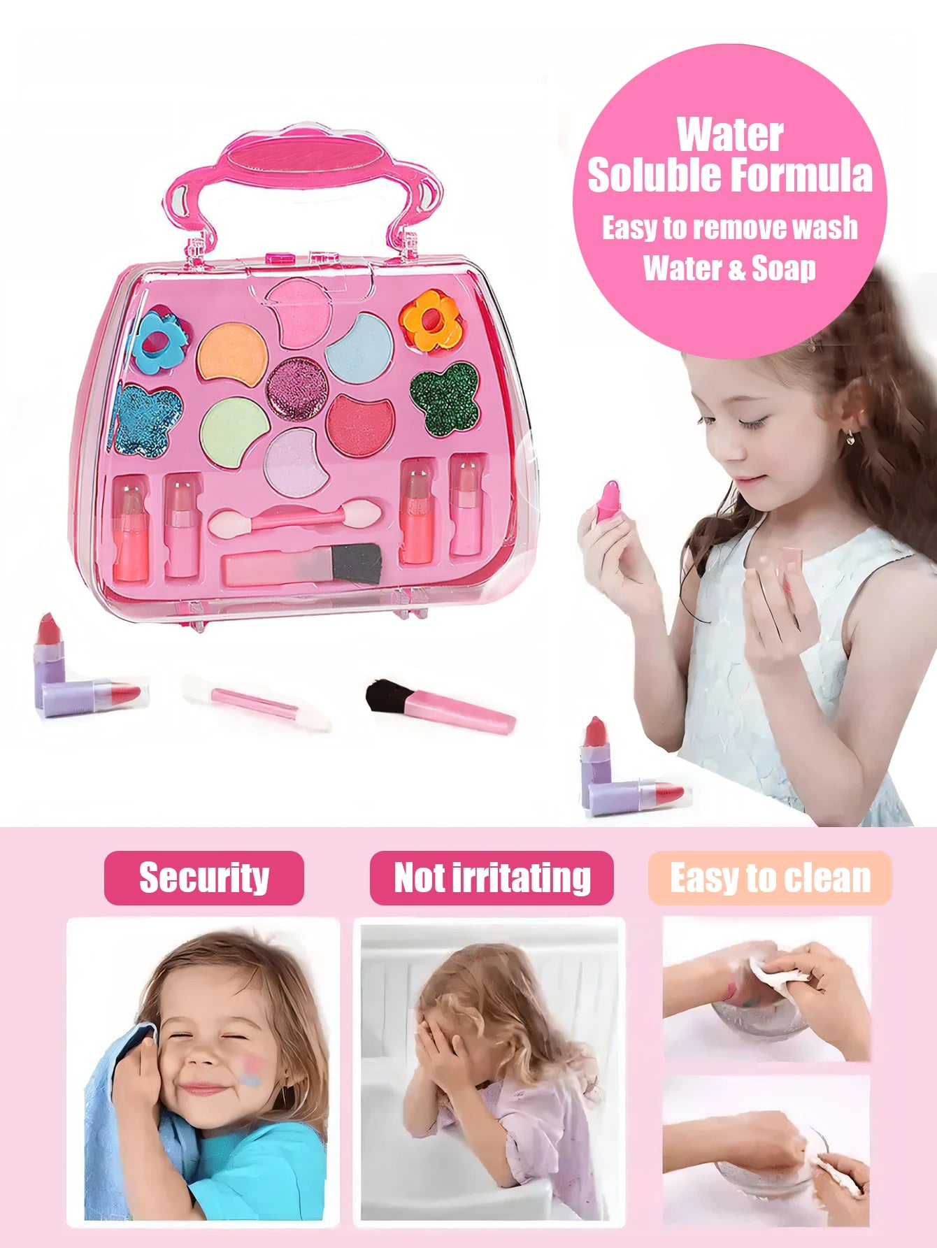 Kids Beauty Makeup Kit for Girls, Little Handbag Make-up Toys Princess Washable Pretend Play Cosmetic Set Toys Birthday Gifts
