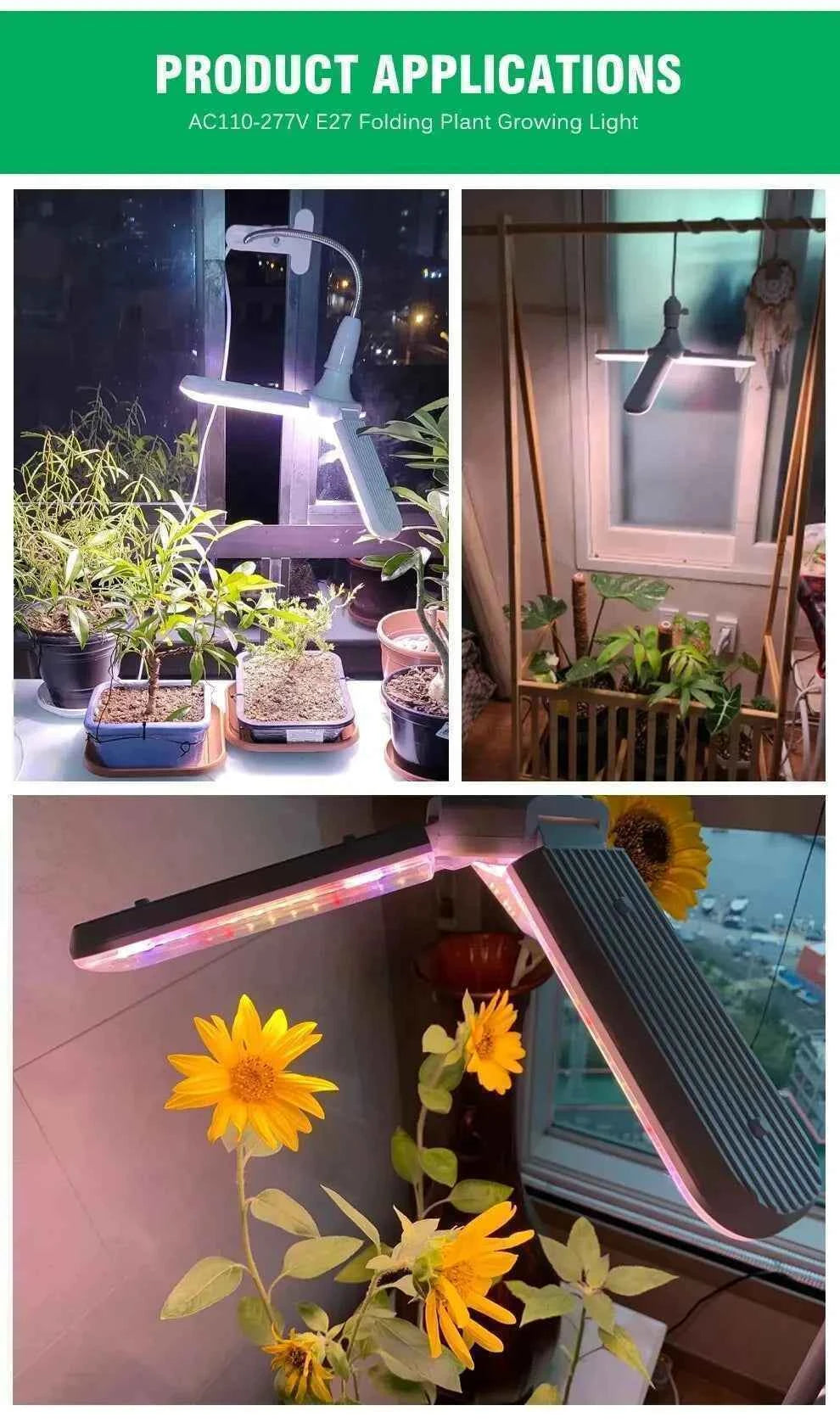 24/36/48W Fan Leaf Foldable LED Grow Light Full Spectrum E27 Plant Growing Light Phytolamp Bulb Indoor Plants Flower Seedling