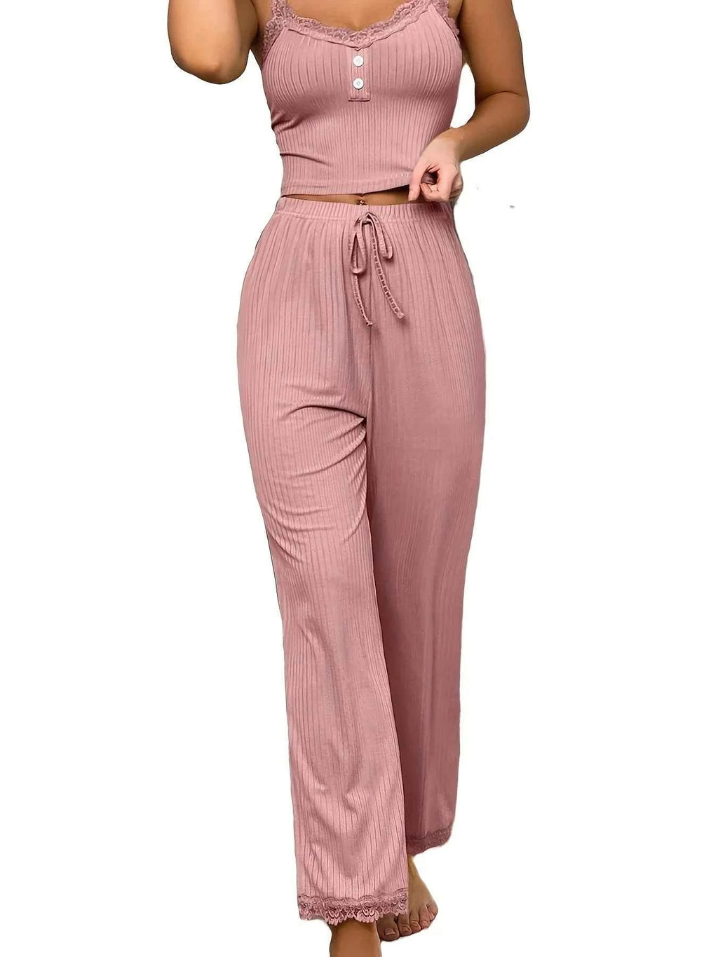Women Ribbed Pajama Set Lace Trim Camisole Top & Drawstring Pants Sexy Sleepwear Autumn Soft Lounge Homewear