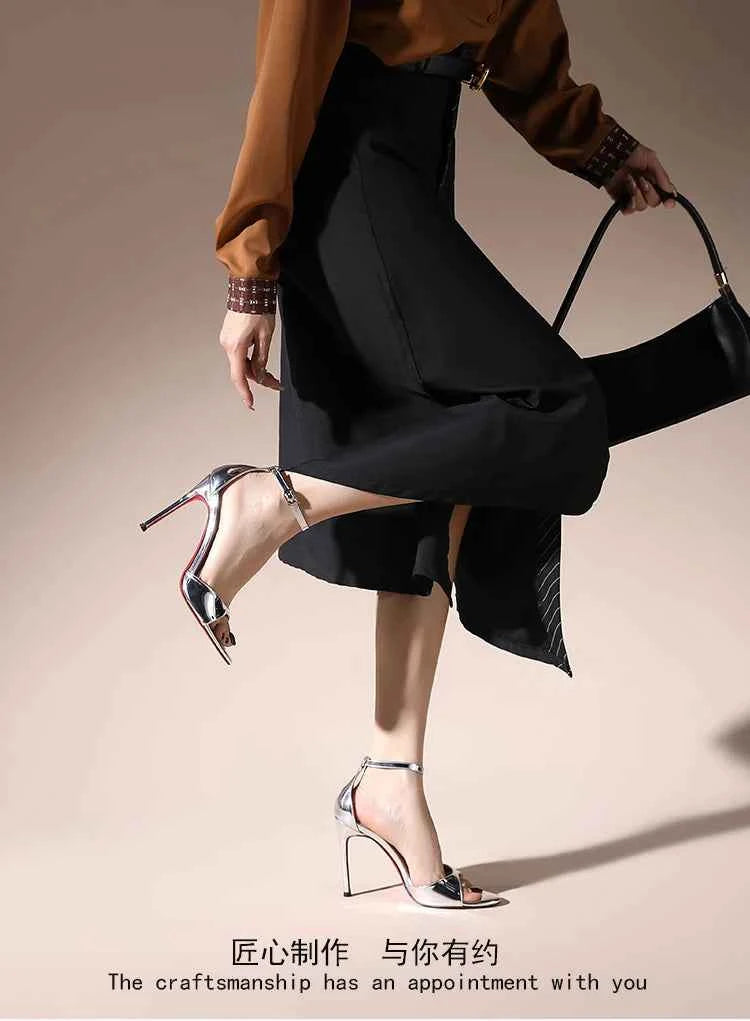 2025 Summer New Silver High Heels Women's Fine Heels Beautiful Princess Style One Button Sandals with Skirts