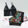 Halloween Skeleton Print Pajamas Sets Women Lace Sexy Satin Sleepwear V Neck Sleeveless Lingerie Shorts Nightwear Homewear 2pcs