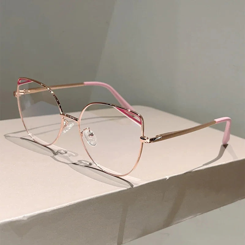 KAMMPT Oversized Cat Eye Glasses Women New Vintage Metal Rim Blue Light Blocking Eyeglasses Trendy Fashion Design Optical Frames