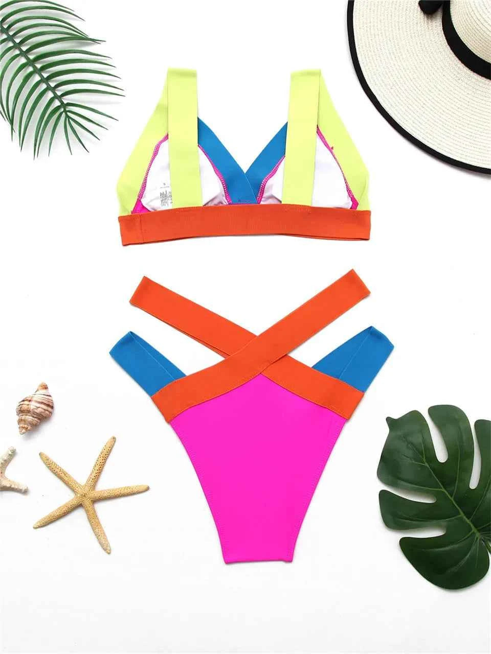 2025 High Waist Bikini Straped Swimsuit Block Color Women Solid Swimwear Female Bathers Bathing Swimming Suit Beachwear Summer