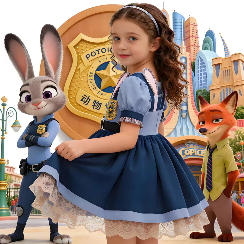 Disney Girls Cosplay Zootopia 2 Police Officer Judy Bunny Dress For Kids Holiday Party Cute Dress With Accessories Fancy Set